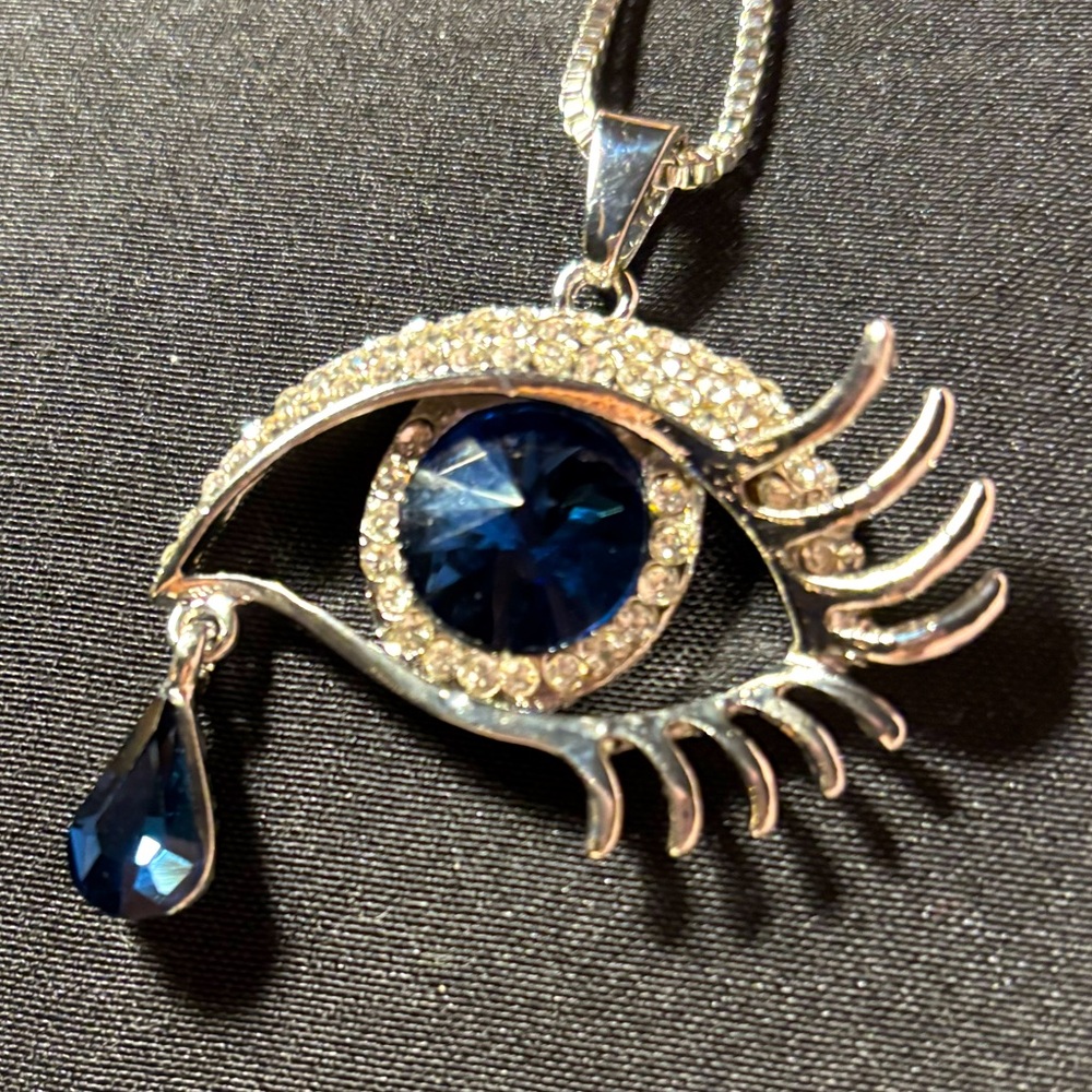 Price Drop, Silver and Blue glass/acrylic EYE Necklace by Betsey Johnson